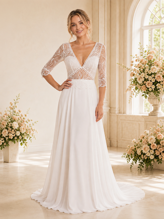 ChicSew Sexy Deep V-Neck 3/4 Sleeves Lace Chiffon A-Line Maxi Wedding Dress