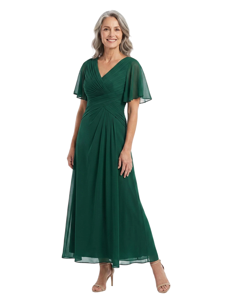ChicSew V-Neck Flutter Sleeve Pleated Chiffon Ankle Length A-Line Mother of the Bride Dress