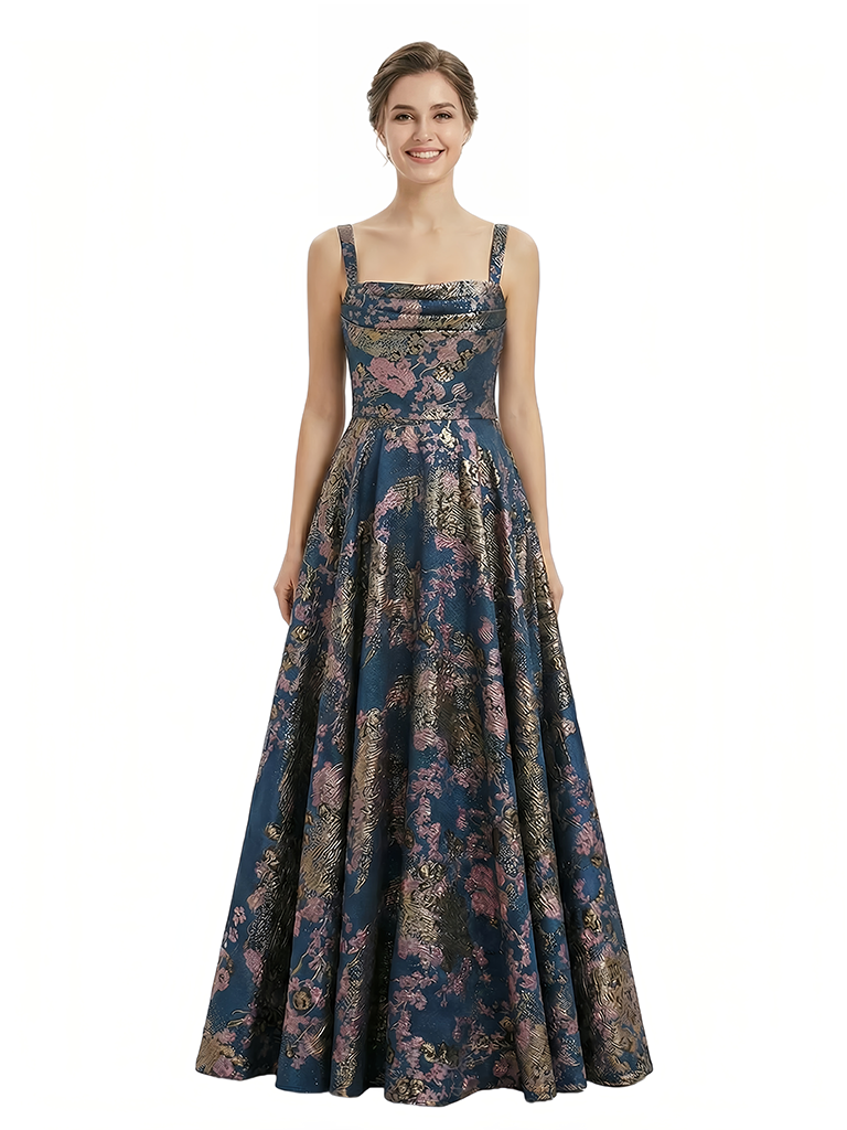 Elegant Floral Spaghetti Straps A-Line Long Formal Evening Dresses