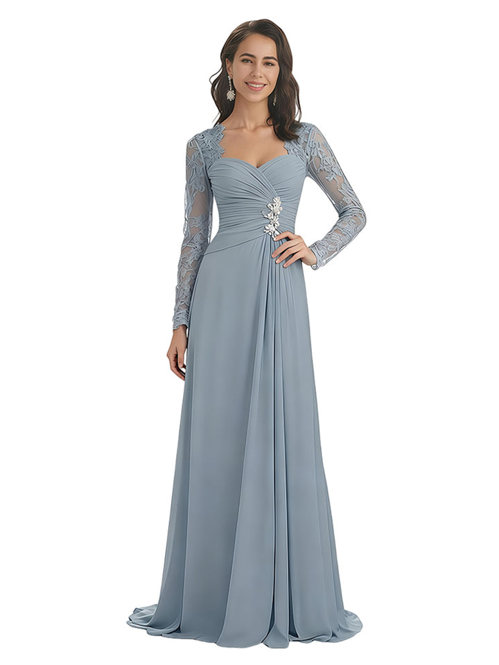 Elegant A-line Sweetheart Chiffon Long Sleeves Floor-Length Mother of the Brides Dresses