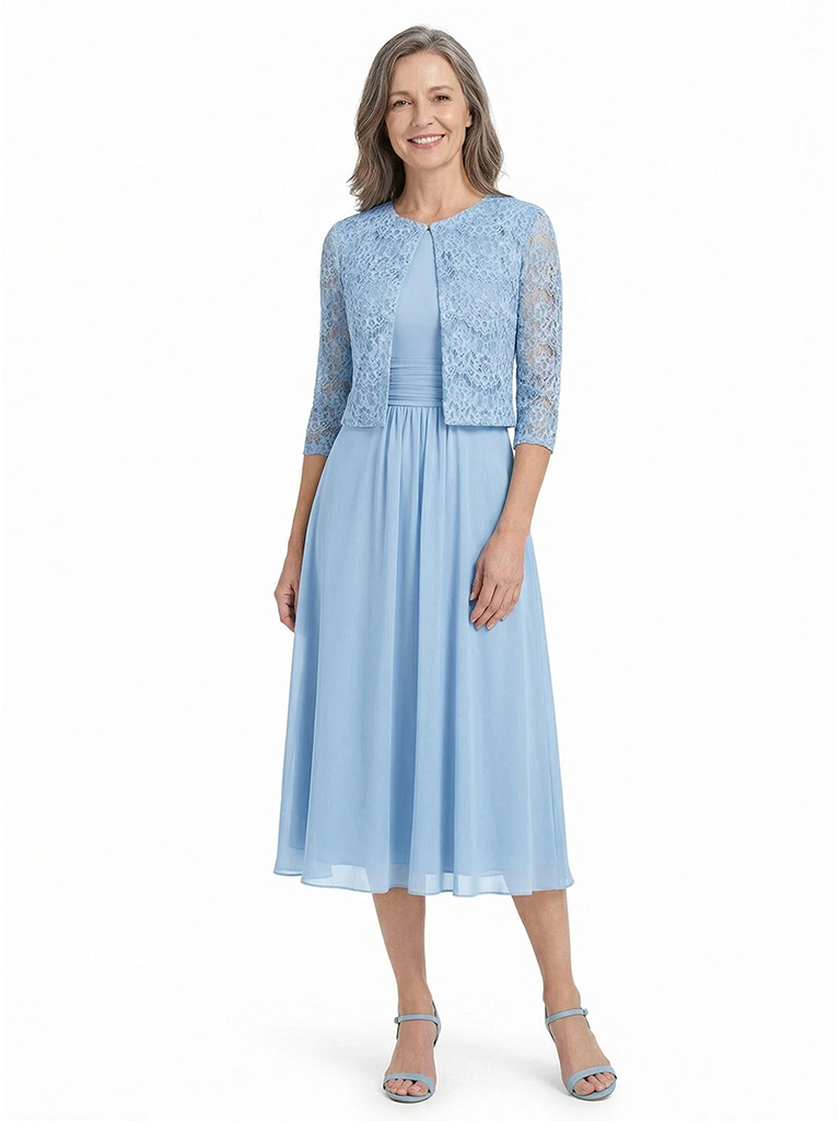 ChicSew Jewel Lace Chiffon Mother of The Bride Two Piece Tea-Length Dress with 3/4 Sleeves Jacket