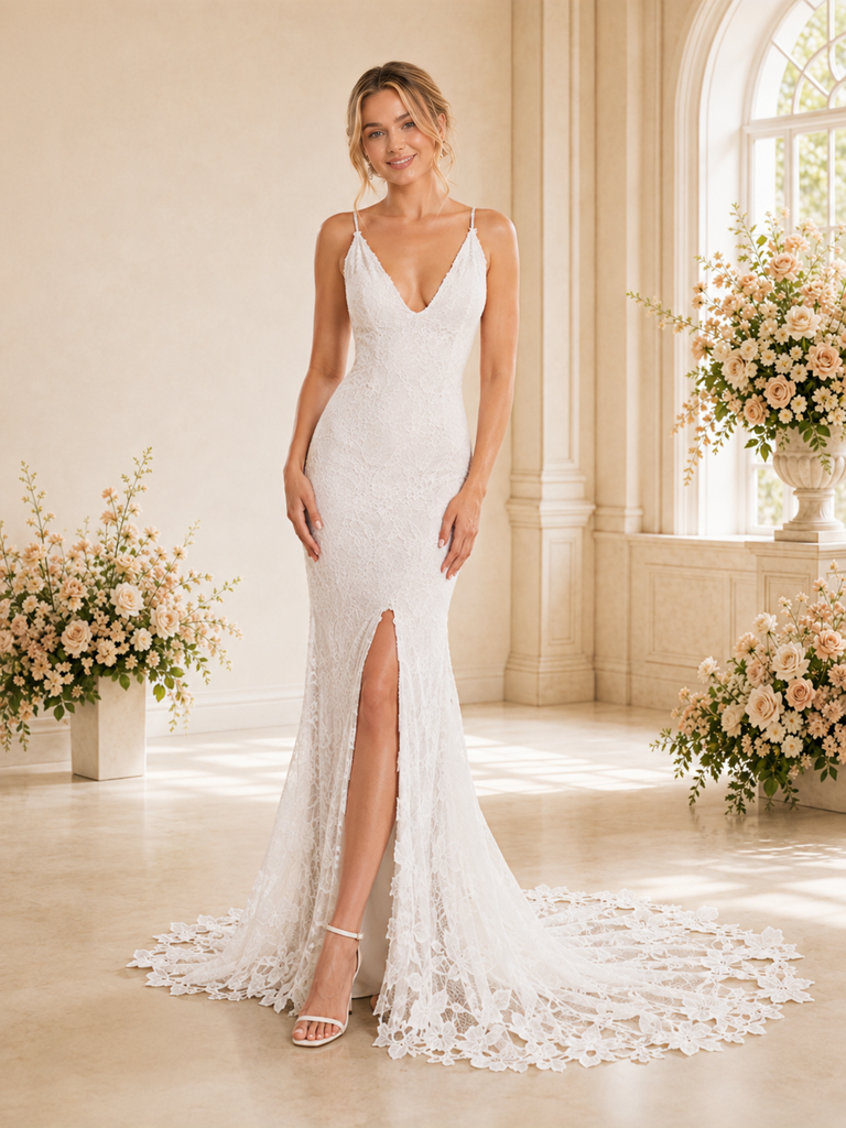 ChicSew Elegant Spaghetti Straps V-Neck Lace Floor-Length Wedding Dress With Side Slit
