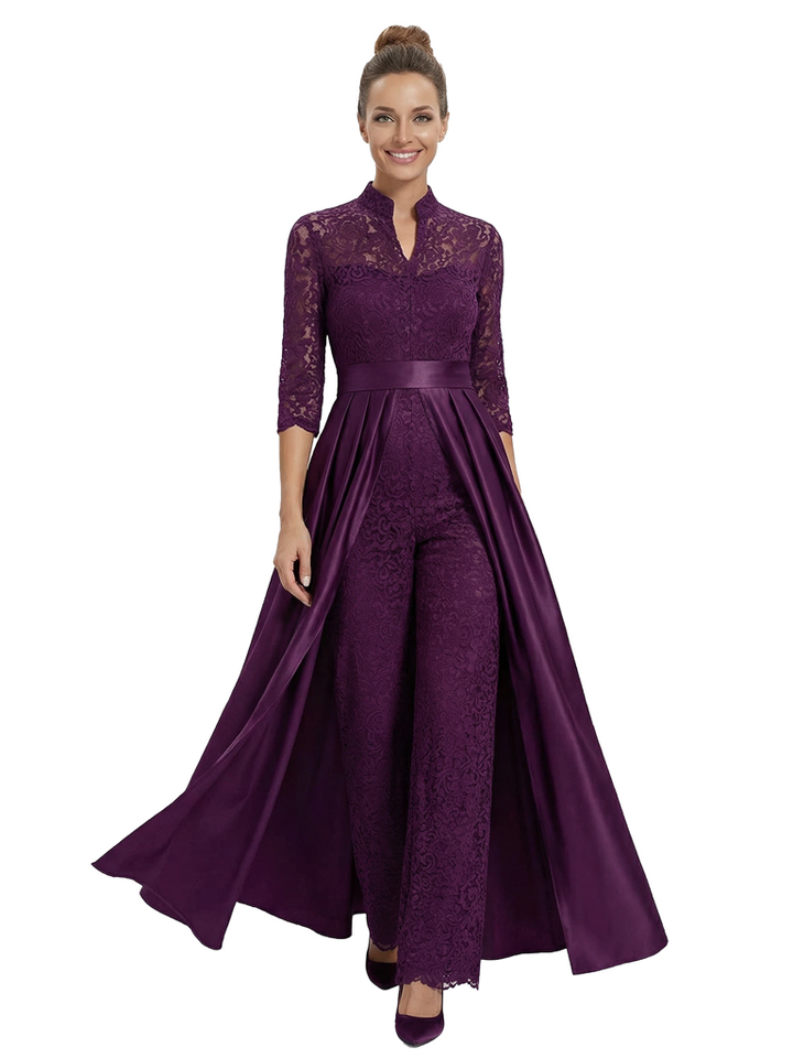 Chicsew Mother of The Groom Outfit V-Neck 3/4 Sleeve Lace Pantsuit Satin Overskirt