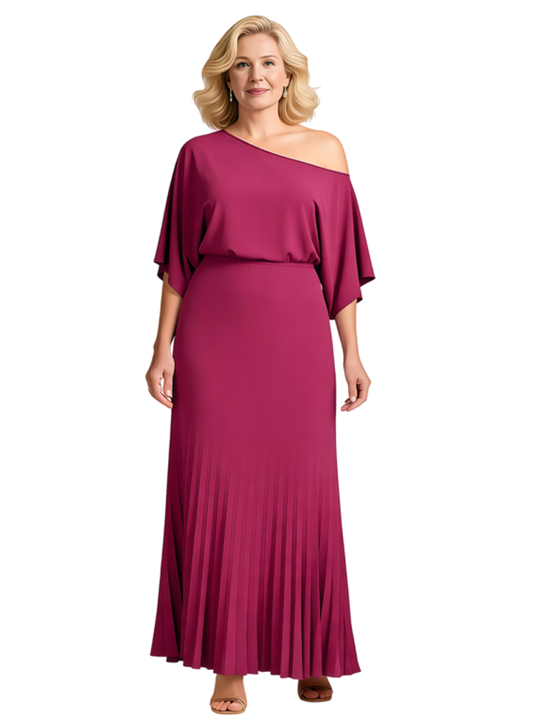 Plus Size One Shoulder A-Line Pleated Chiffon Mother Of The Groom Dress With Flutter Sleeve
