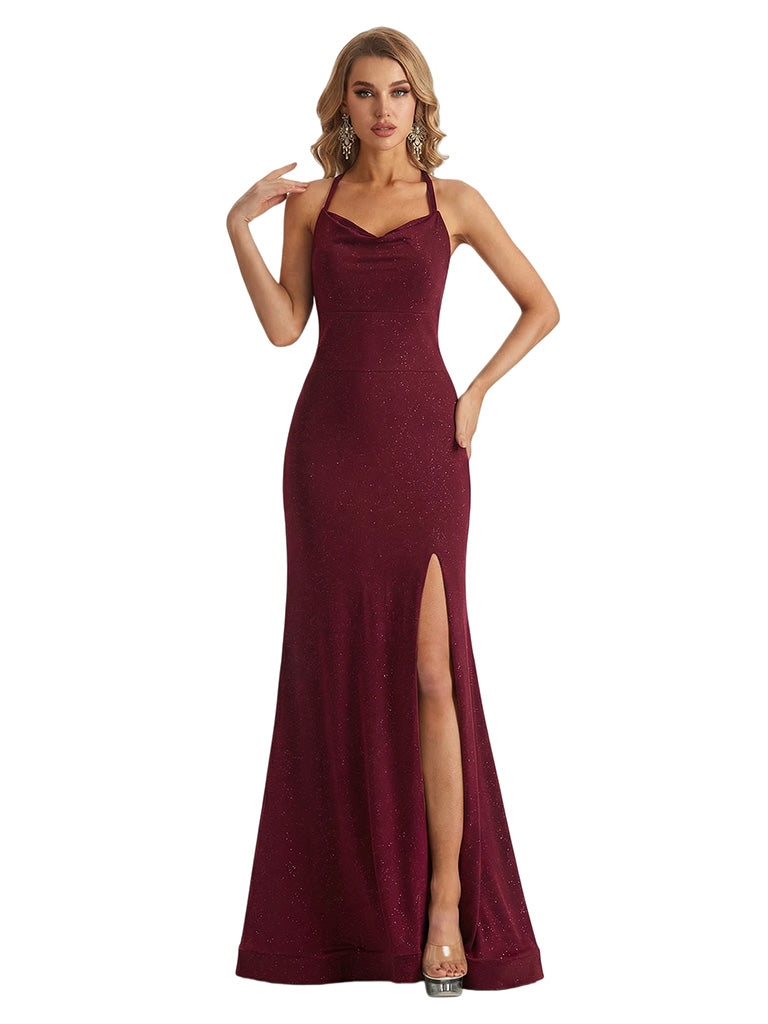 Shiny Spaghetti Straps Cowl Mermaid Glitter Jersey Long Formal Dresses For Women