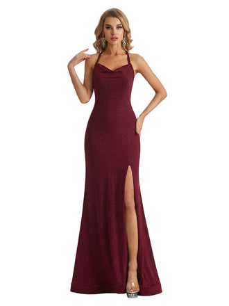 Shiny Spaghetti Straps Cowl Mermaid Glitter Jersey Long Formal Dresses For Women