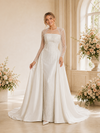 ChicSew Unique Tulle Round Neck Long Sleeves Beaded Satin Mermaid Long Wedding Dress With Overskirt