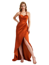 Sexy Halter Stretch Satin Unique Split Mermaid Long Bridesmaid Dresses Online