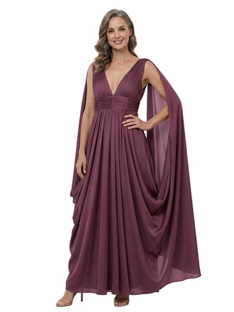 ChicSew V-Neck Cape Sleeves A‑Line Formal Chiffon Mother of the Groom Dress