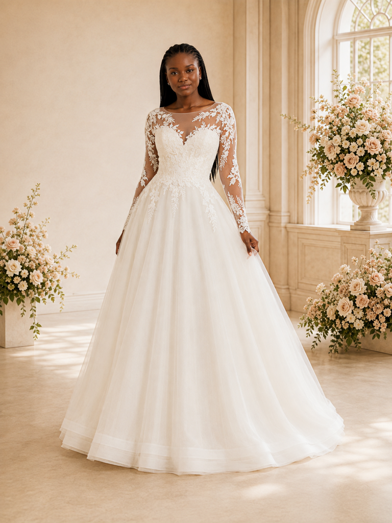 ChicSew Elegant A-Line Illusion Long Sleeves Lace Appliques Tulle Maxi Wedding Dress