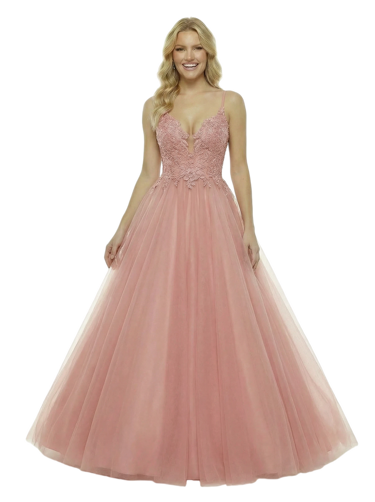 ChicSew Elegant V-Neck Ball Gown Prom Dress Lace Tulle Fabric A-Line Long Formal Evening Gown
