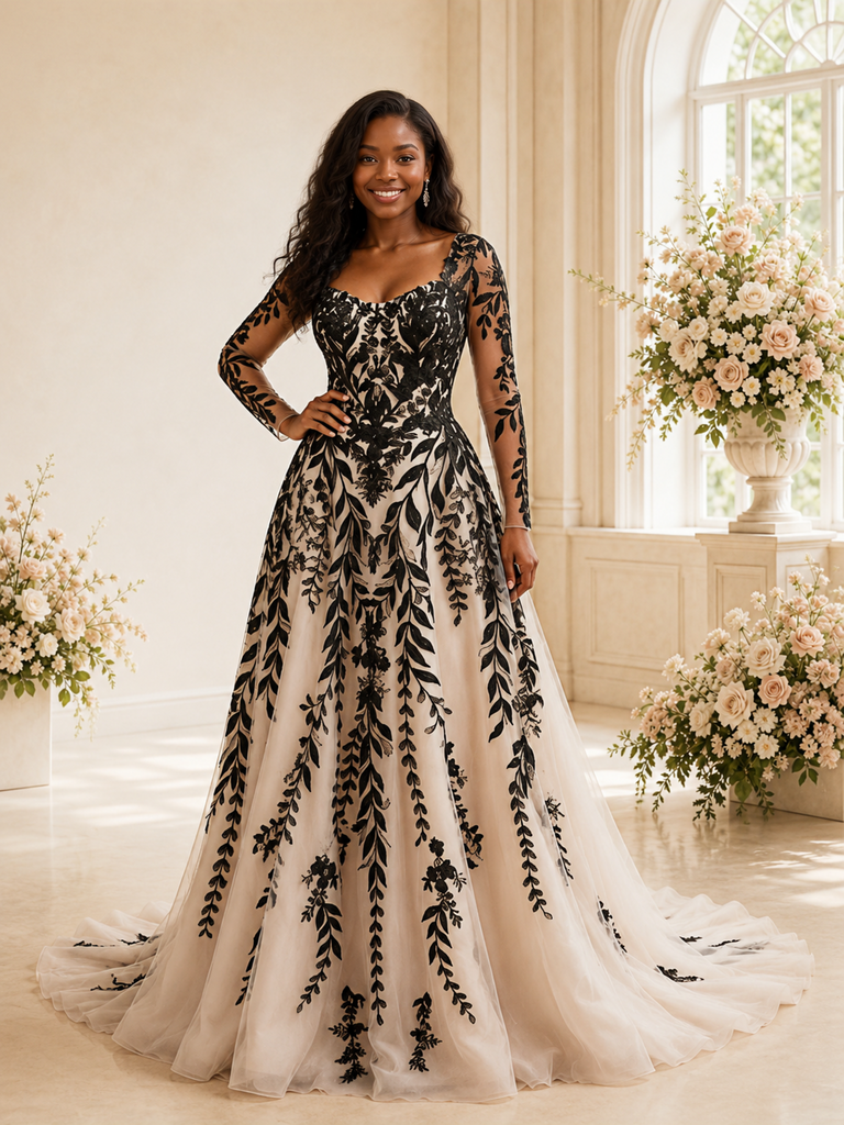 ChicSew Unique A-Line Scoop Long Sleeves Tulle Maxi Wedding Dress With Lace Applique