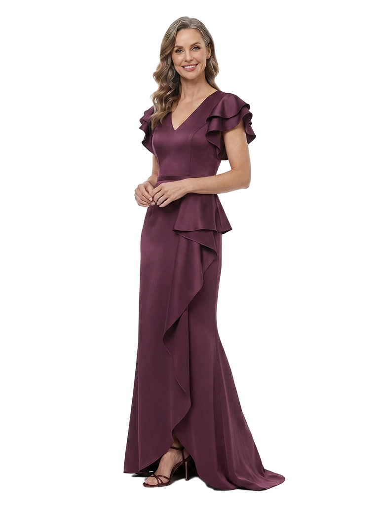 ChicSew V-Neck Flutter Sleeve Ruffle Satin Mermaid Floor Length Mother of the Bride Dress