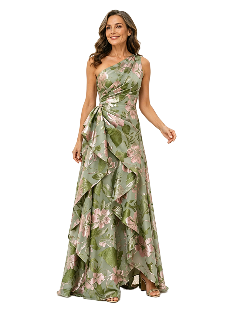 Chicsew Elegant Floral One Shoulder Ruched A-Line Long Formal Evening Dresses