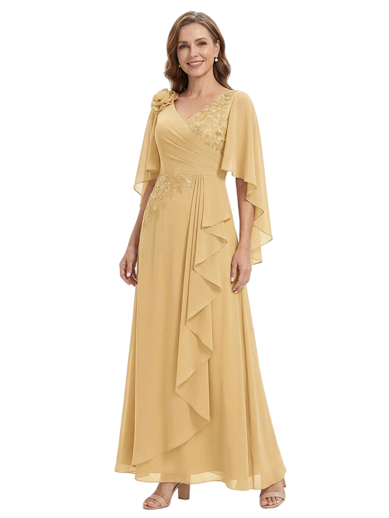 ChicSew V-Neck Flutter Sleeve Lace Side Ruffle Long Chiffon Mother Of The Bride And Groom Dresses