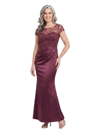 ChicSew Illusion Short Sleeve Beaded Lace Applique Satin Mermaid Ankle-length Mother of the Bride Dress