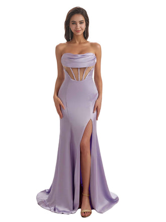 Elegant Sweetheart Mermaid Soft Satin Long Bridesmaid Dresses Sexy See Through