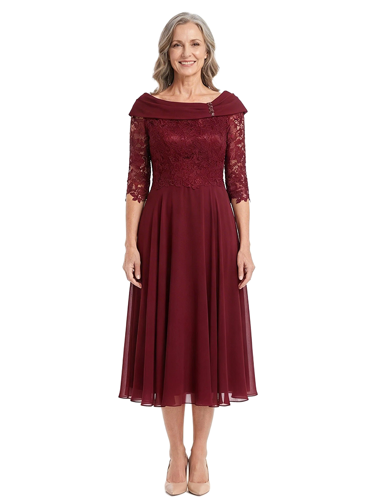 ChicSew Asymmetric Long Sleeve Lace Tea Length Chiffon Casual Mother Of The Bride Dresses