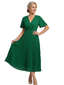 ChicSew Fancy Pleated Mother Of The Bride Tea-Length Dress V-Neck Flutter Sleeve Chiffon