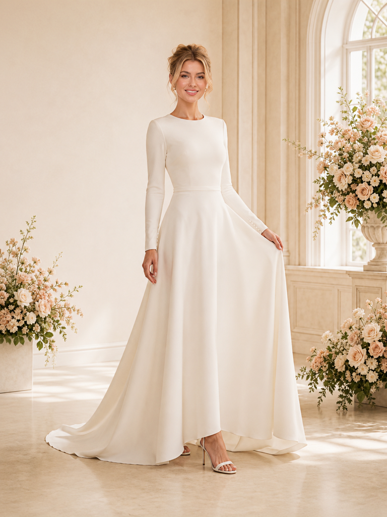 ChicSew Elegant Jewel Long Sleeves A-Line Crepe Floor-Length Wedding Dress