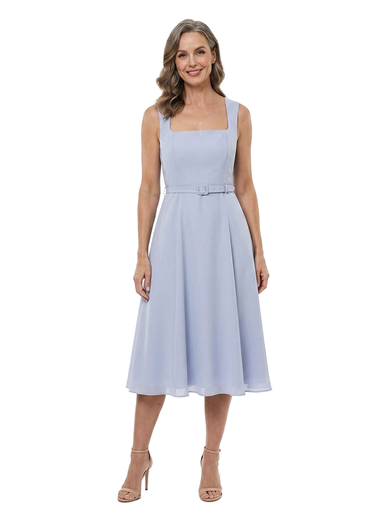 ChicSew Square Neck Sleeveless Chiffon Midi A-Line Unique Mother Of The Bride Dress With Waist Belt