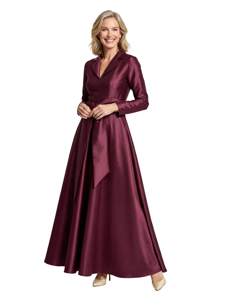 Classy V-Neck Long Sleeves Satin Mother of The Bride Dress With Sash Tie Waist