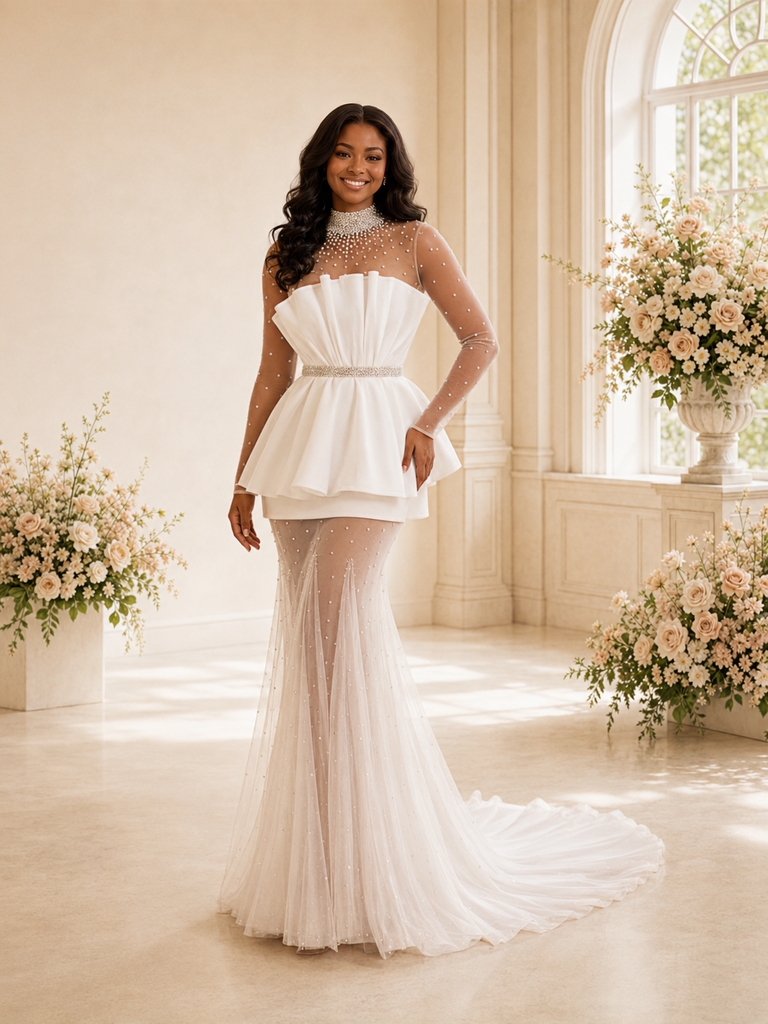 ChicSew Unqiue High Neck Tulle Chiffon Mermaid Long Sleeves Floor-Length Wedding Dress With Beading