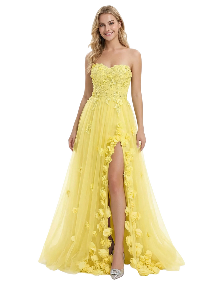 Chicsew Elegant Lace Appliques Flower Strapless V-Neck A-Line Party Prom Dresses