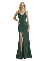 Shiny V-neck Mermaid Glitter Jersey Maxi Formal Dresses For Women Side Slit Spaghetti Straps