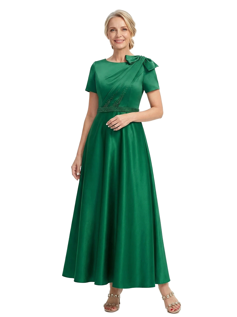 ChicSew Elegant A-Line Beaded Mother Of The Bride Dresses Short Sleeves Silky Satin Beaded Formal Gown