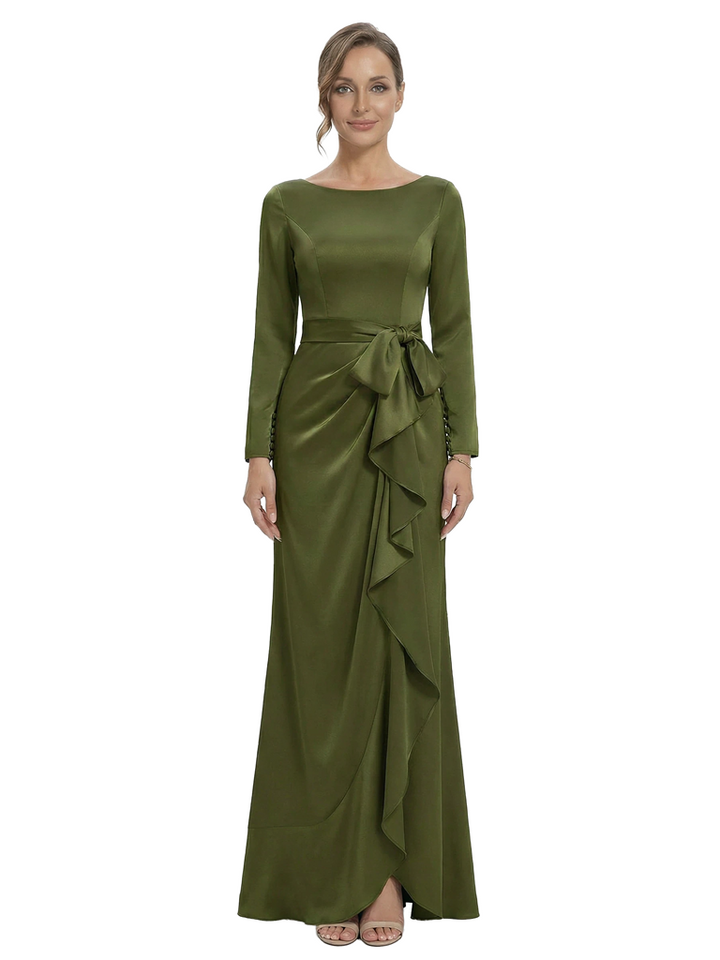 Chicsew Unique Jewel Long Sleeve Satin Mother of The Groom Dress Long A-Line Ruffle Bow Stylish Gown
