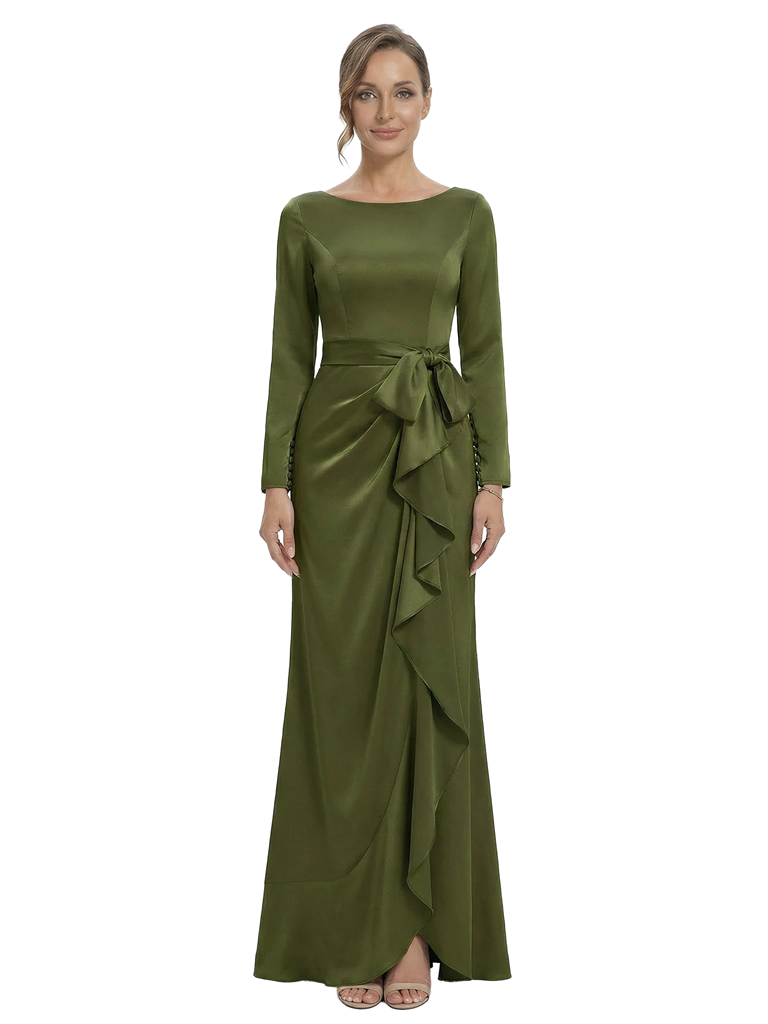 Chicsew Unique Jewel Long Sleeve Satin Mother of The Groom Dress Long A-Line Ruffle Bow Stylish Gown