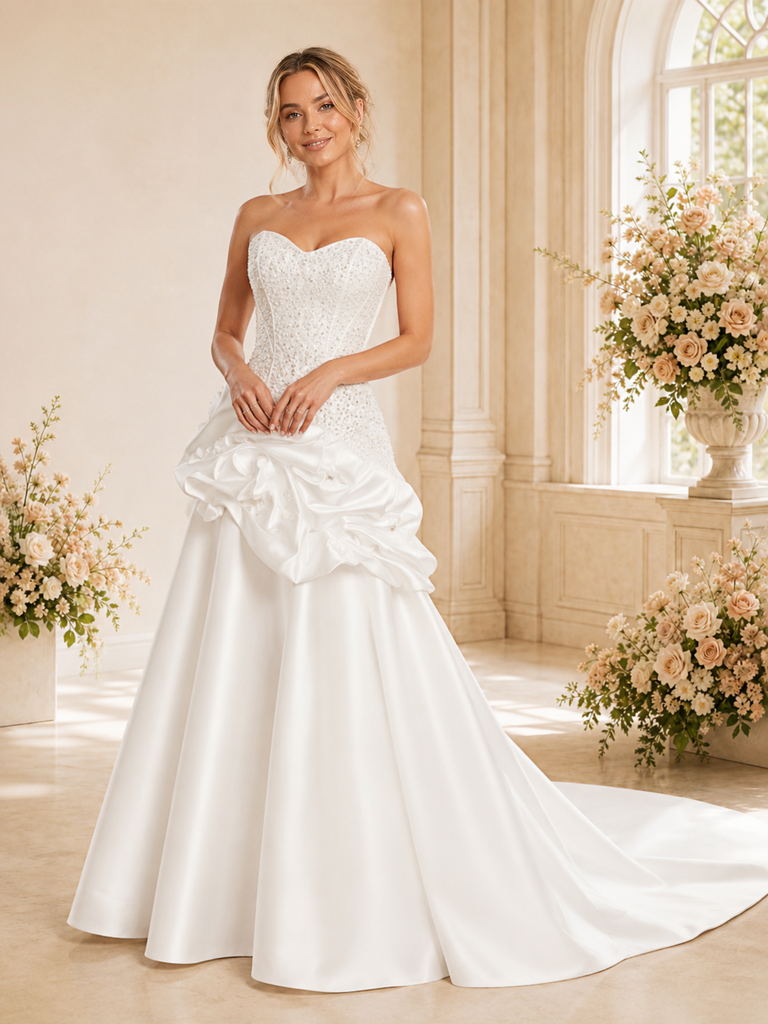ChicSew Fancy Sweetheart Satin Ruffled Long A-Line Wedding Dress With Beading
