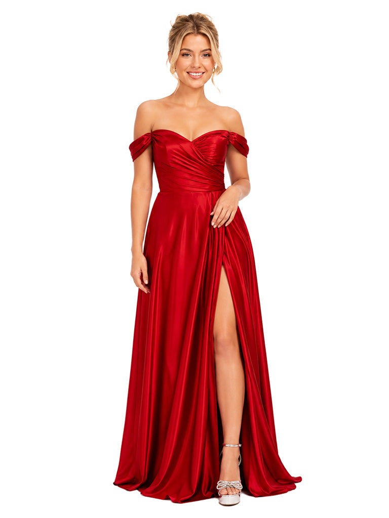 ChicSew Classy Off-The-Shoulder A-Line Soft Satin Bridal Party Maxi Ruched Side Slit Formal Bridesmaid Dresses