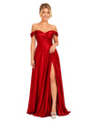 ChicSew Classy Off-The-Shoulder A-Line Soft Satin Bridal Party Maxi Ruched Side Slit Formal Bridesmaid Dresses