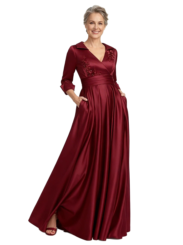 ChicSew Classy V-Neck Satin A-Line Mother Of The Groom Gown With Lace Applique Long Sleeves