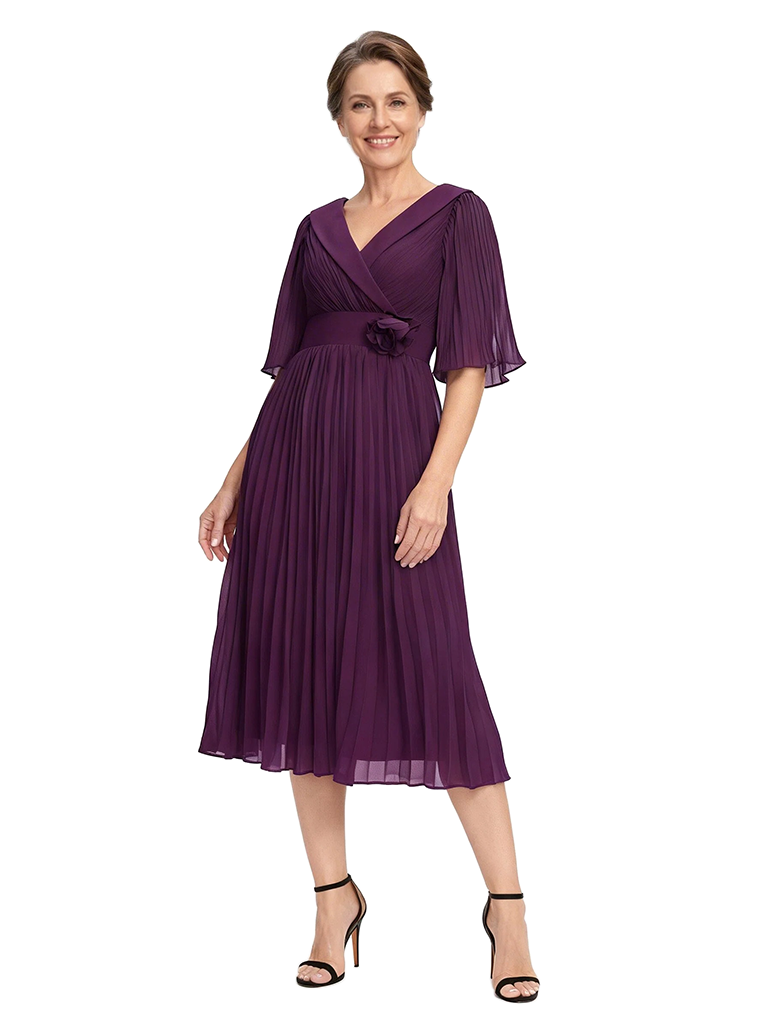 ChicSew V-Neck Half Sleeve Pleats Chiffon Mother Of The Groom Dress A-Line Tea-Length