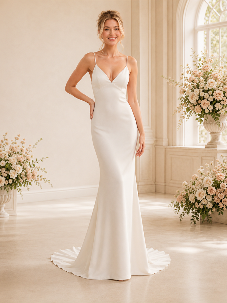 ChicSew Sexy Spaghetti Straps Satin Mermaid Floor-Length Wedding Dress With Button