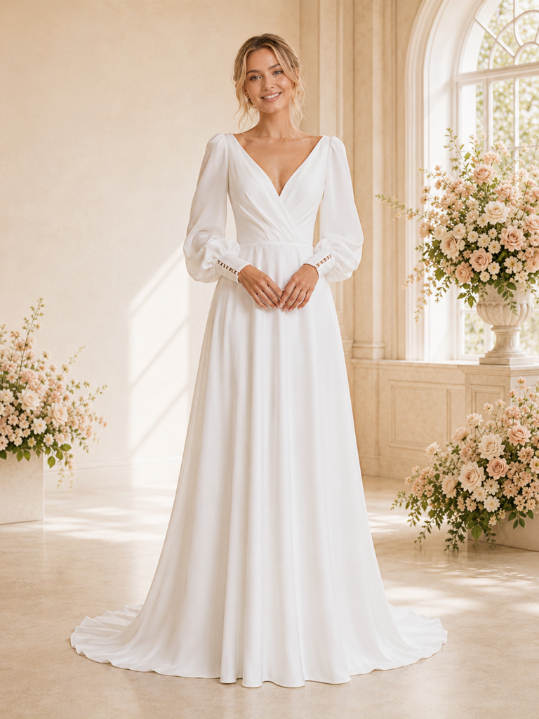 ChicSew Elegant V-Neck Ruching Long Sleeves Chiffon A-Line Maxi Wedding Dress