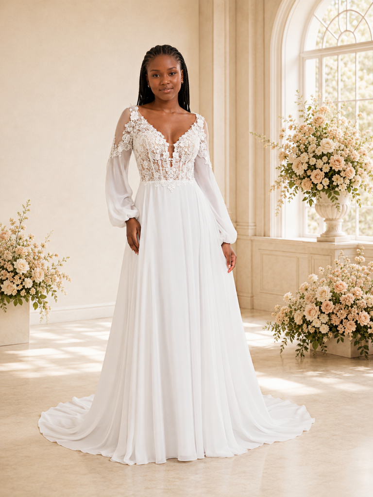 ChicSew Fancy V-Neck Long Sleeves Chiffon A-Line Maxi Wedding Dress With Lace Applique
