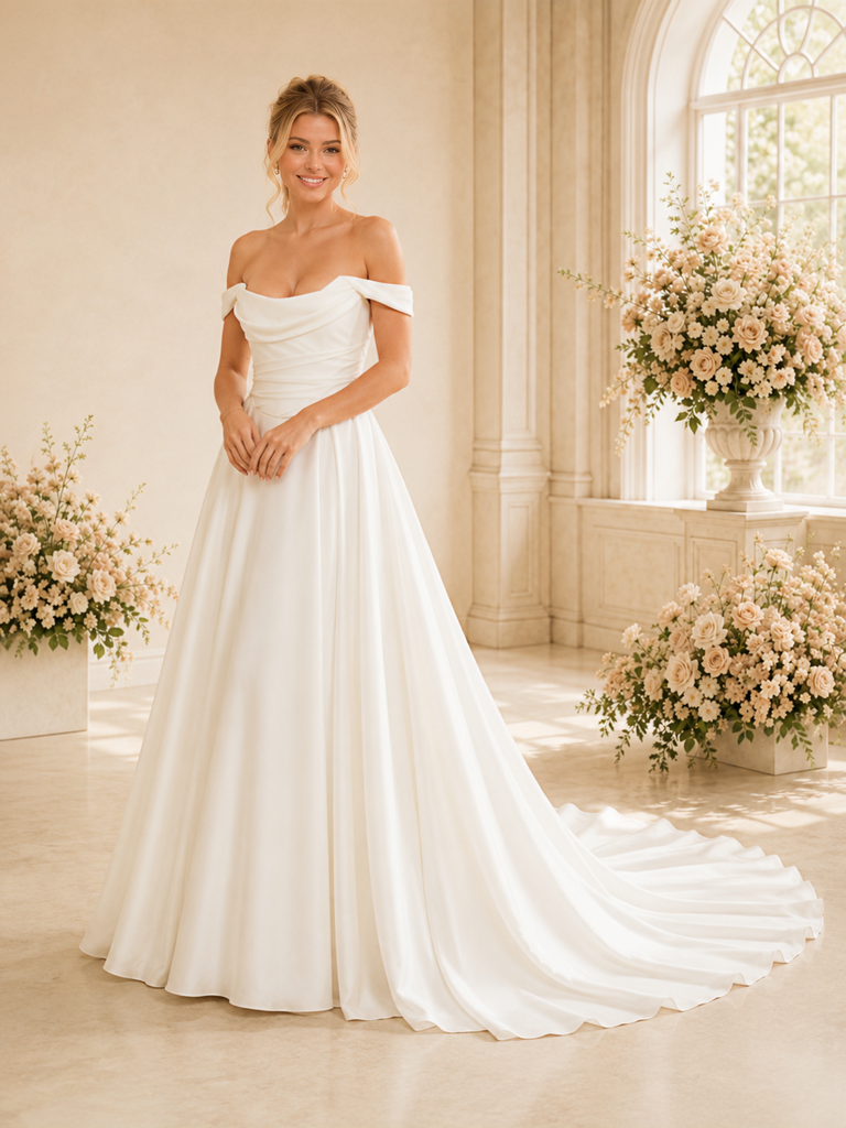 ChicSew Classy Off The Shoulder Satin Ruched A-Line Floor-Length Wedding Dress