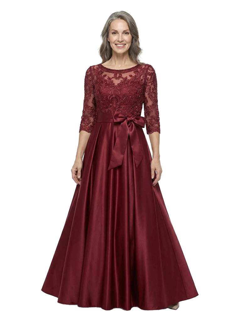 ChicSew Scoop Long Sleeve Lace Bow Waist Floor Length Satin Mother of the Bride Dresses