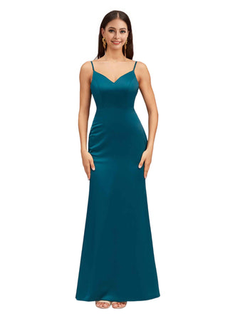 Sexy Mermaid Spaghetti Straps Open-Back Soft Satin Floor-Length Bridesmaid Dresses