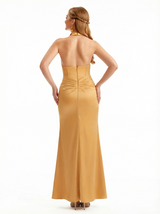 Women's Halter Ruched Satin Mermaid Long Evening Gown Dresses For Women Side Slit