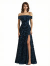 Elegant Floral Burnout Velvet Off The Shoulder Side Slit A-Line Long Formal Evening Gown Dresses