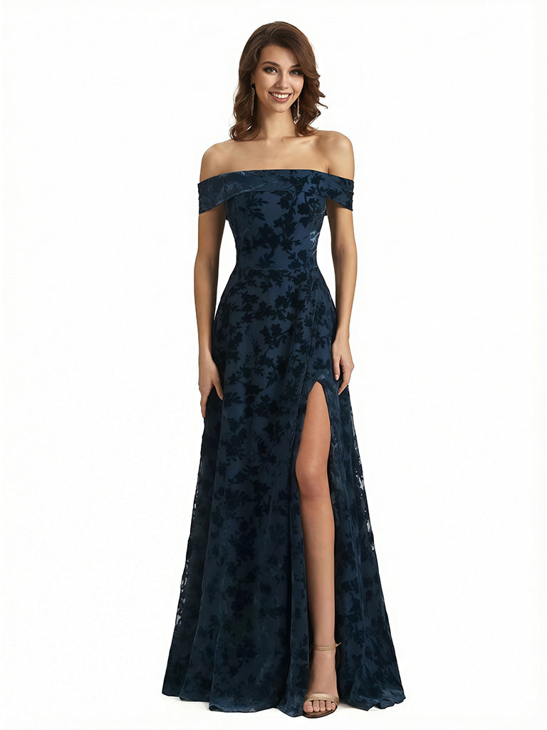 Elegant Floral Burnout Velvet Off The Shoulder Side Slit A-Line Long Formal Evening Gown Dresses