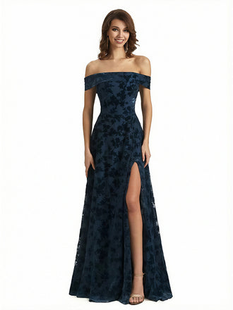 Elegant Floral Burnout Velvet Off The Shoulder Side Slit A-Line Long Formal Evening Gown Dresses