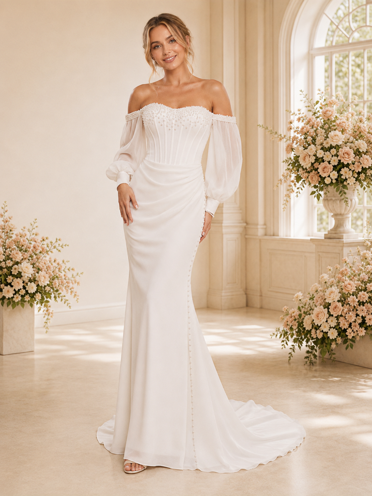 ChicSew Classy Chiffon Off The Shoulder Long Sleeves Mermaid Ruched Floor-Length Wedding Dress With Beading