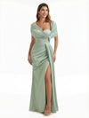 Elegant Cape Sleeve Ruched Silky Satin Mermaid Maxi Evening Gowns For Women Side Slit