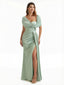 Elegant Cape Sleeve Ruched Silky Satin Mermaid Maxi Evening Gowns For Women Side Slit